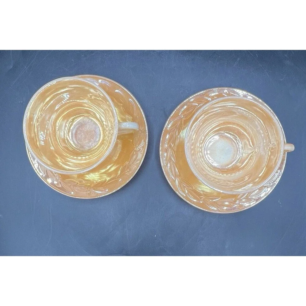 Vintage Fire King Peach Lustre Laurel Leaf 2 Cups 2 Saucers Anchor Hocking